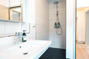 a bathroom with a sink and a shower at Luxuswohnung am Steinhuder Meer - Tierfreundlich - D in Wunstorf