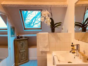 een badkamer met een wastafel en een raam bij Gîte des Fougères in Cherbourg en Cotentin