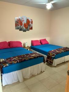 a room with two beds with blue and red pillows at LA DOLCE VITA FRANCOPHONE in Estelí