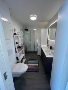 een badkamer met een toilet en een wastafel bij Sentrumsnær leilighet med utsikt in Svolvær