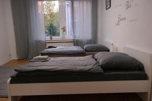 two twin beds in a room with a window at Ruhrpott Apartment Zentral Smart in Herne