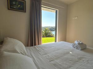 a bedroom with a bed with a large window at Chenies Holiday Flat in Ngunguru