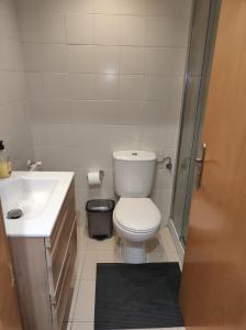 La salle de bains est pourvue de toilettes, d'un lavabo et d'une douche. dans l'établissement Fast Single Rooms, à Madrid