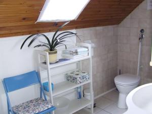 a bathroom with a toilet and a plant on a shelf at Czanek Apartman in Komárom +21 photos