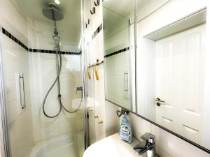 a bathroom with a shower and a sink and a mirror at Messenah für 5 Gäste mit kostenlosen Parkplätzen in Hannover