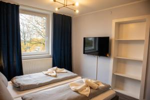 two beds in a room with a tv and a window at Messenah für 5 Gäste mit kostenlosen Parkplätzen in Hannover