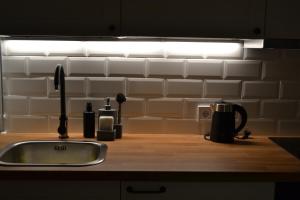 um balcão de cozinha com um lavatório e uma luz em Valmiera Studio apartment em Valmiera