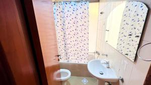 杜拜的住宿－Beautiful Partition Strip Room in Barsha Heights，一间带水槽、卫生间和镜子的浴室