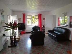 uma sala de estar com mobiliário de couro preto e uma televisão em Kaz A Zette - vue mer et montagne em Saint-Claude