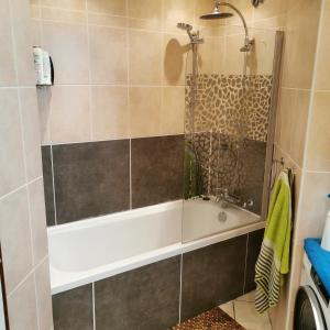 Das Bad ist mit einer Badewanne mit einer Dusche ausgestattet. in der Unterkunft Gästezimmer in Hannover