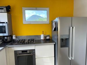 a kitchen with a white refrigerator and a window at VILLA NEPTUNE in Quartier du Fond Fleuri