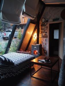 a bedroom with a bed and a wood stove at La Dorita cabaña de montaña in San Carlos de Bariloche