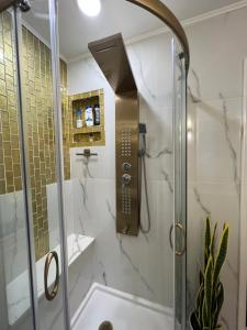 uma casa de banho com um chuveiro e uma porta de vidro em Luxurious Bedroom with Private Bathroom em Fall River