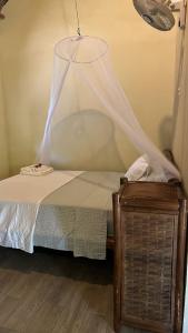 a bedroom with a bed with a mosquito net at The Grand Mango in El Gigante
