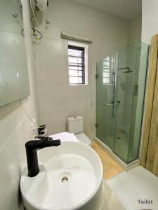 a bathroom with a sink and a glass shower at IVYs 4 Bedroom Luxury Entire Apartment Duplex with Wifi in Lekki in Ibeju