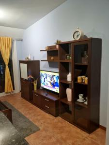 a entertainment center with a television in a living room at Atico das Barxas in Moaña