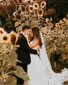 a bride and groom standing in a field of sunflowers at The Galloway House in Hillsborough