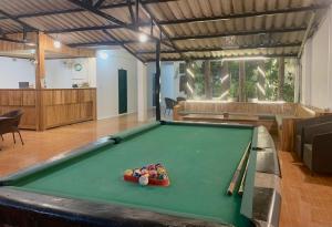 a pool table with a tray of balls on it at Vang Vieng Lily Backpackers Hostel in Vang Vieng