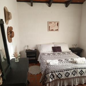 een slaapkamer met een bed met een zwart-witte deken bij La Posada de los Vallistos - Casa de Campo en El Mollar Chicoana 