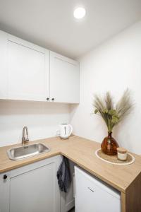 a kitchen with white cabinets and a sink at Tyzenhauzu Apartment in Vilnius