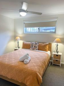 1 dormitorio con 1 cama, 2 lámparas y ventana en Eucalyptus House, en Timboon
