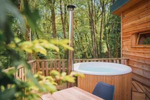 a hot tub on the deck of a cabin at Cabane Chalet avec spa privatif in Charnay