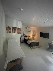 a bedroom with a bed and a flat screen tv at edf torres ferreira in Lauro de Freitas