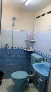 a bathroom with a blue toilet and a sink at Berkat Pak Raja Homestay Mergong Alor Setar 