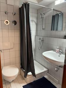 y baño con aseo, lavabo y ducha. en Apartment (2) am Stuttgarter Flughafen / Messe, en Leinfelden-Echterdingen
