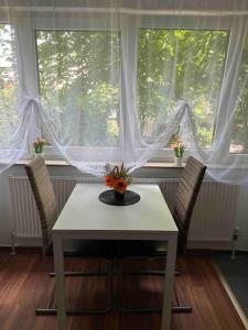 mesa y sillas en una habitación con ventana en Apartment (2) am Stuttgarter Flughafen / Messe, en Leinfelden-Echterdingen