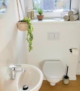 ein weißes Bad mit einem WC und einem Waschbecken in der Unterkunft Ferienhaus Anni & Fritz in Goslar