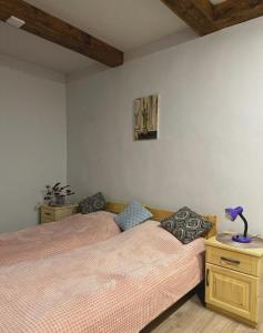 2 Einzelbetten in einem Zimmer mit Holzdecken in der Unterkunft Home-restaurant in Vanadzor in Wanadsor