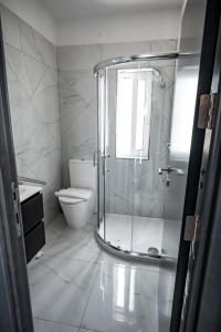 a bathroom with a shower and a toilet at Cittadella View Penthouse with Jacuzzi in Victoria