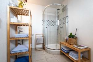 ハイリゲンブルートにあるAlpinside Appartementsのバスルーム(シャワー、ガラス張りのシャワーブース付)