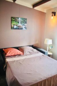 een bed in een slaapkamer met een foto aan de muur bij Villa Terol, à proximité de l’océan in Saint-Paul