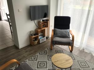 uma sala de estar com uma cadeira e uma televisão de ecrã plano em maisonnette entre forêt et occéan em Vendays-Montalivet