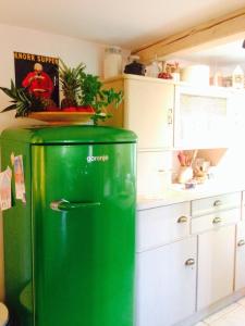 a green refrigerator in a kitchen with white cabinets at Chatka Koniaków 7 in Koniaków