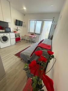 Habitación con cama y cocina con flores rojas en LOFT AS CASETAS PEREGRINOS en Rosal