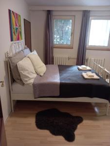 a bedroom with a bed with a rug on the floor at Retro Hotel Villa Ostrava in Ostrava
