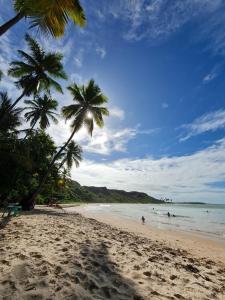 una playa con palmeras y gente en el agua en Chalés Jacumã Paradise en Jacumã