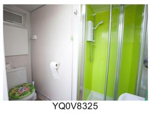 a bathroom with a shower and a green wall at Stonehenge Campsite & Glamping in Berwick Saint James