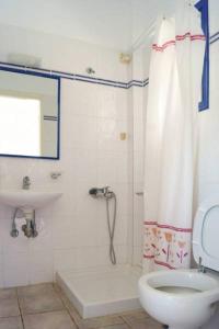 a bathroom with a shower and a toilet and a sink at Sevasti Rooms in Platis Gialos