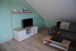 sala de estar con sofá y TV de pantalla plana en Ferienwohnung Arnold, en Vöhl