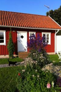a red house with a cat in front of it at Mitt i vackraste Bohuslän in Lysekil