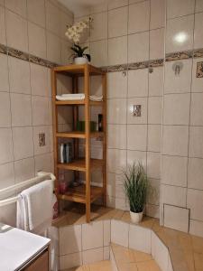 y baño con ducha y estante de madera. en Ferienwohnung Hahn Graz (souterrain) en Graz