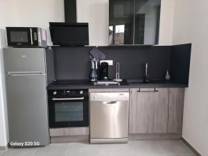 uma cozinha com um lavatório e uma máquina de lavar louça em Serrimmo - appartement Aude em Bléneau