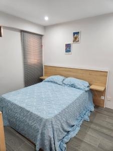 a bedroom with a bed with a blue comforter at Camelia Bldg, Groundfloor, 3 min to beach in Flic-en-Flac