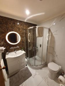 a bathroom with a shower and a toilet and a sink at Exceptional Studio Apartment in Glenroy +9 photos