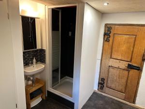 baño con lavabo, ducha y puerta en California House, en Klosters