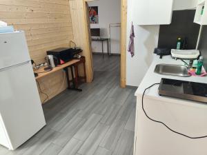 a kitchen with a white refrigerator and a sink at Erdgeschoss Wohnung nahe Flughafen in Vienna